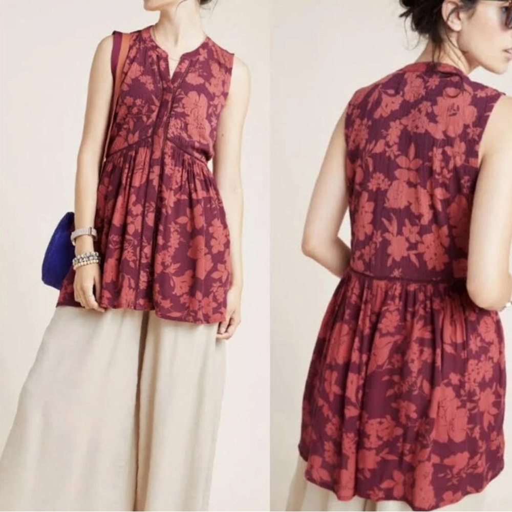 Anthropologie Nia Tunic Floral Sleeveless Button Down Top - Burgundy